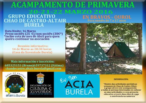 O 16 de marzo remata o prazo de inscrición no campamento de primavera que organiza Chao de Castro-Altair de Burela. A actividade terá lugar do 20 ao 22 de marzo en Ourol. 