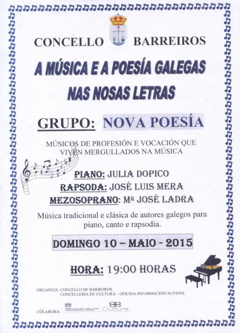 O grupo Nova Poesía ofrecerá un concerto o vindeiro domingo, 10 de maio, no centro sociocultural de Barreiros. 