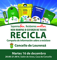 O salón de actos da Casa do Concello de Lourenzá albergará o vindeiro martes unha charla  sobre reciclaxe e protección do medio ambiente.