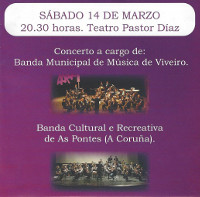 O teatro Pastor Díaz, de Viveiro, acolle este sábado, 14 de marzo, un concerto de bandas. Será ás oito e media da tarde. 