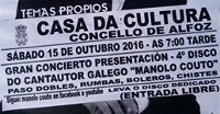 Manolo Couto ofrecerá un concerto este sábado, 15 de outubro, na Casa da Cultura en Alfoz. A entrada é de balde. 