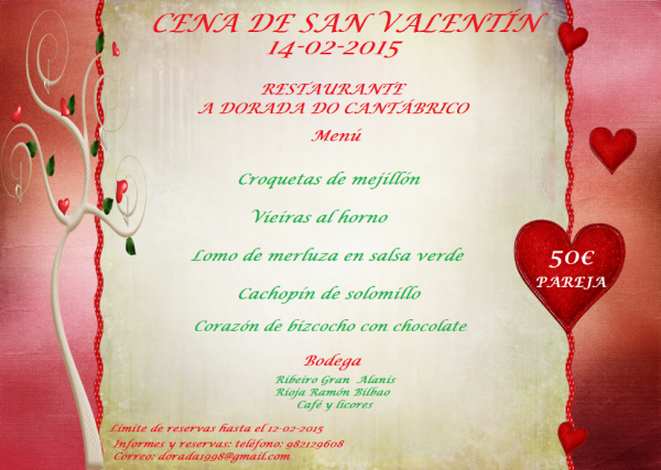 El restaurante ribadense A Dorada do Cantábrico ofrece una cena especial para San Valentín.