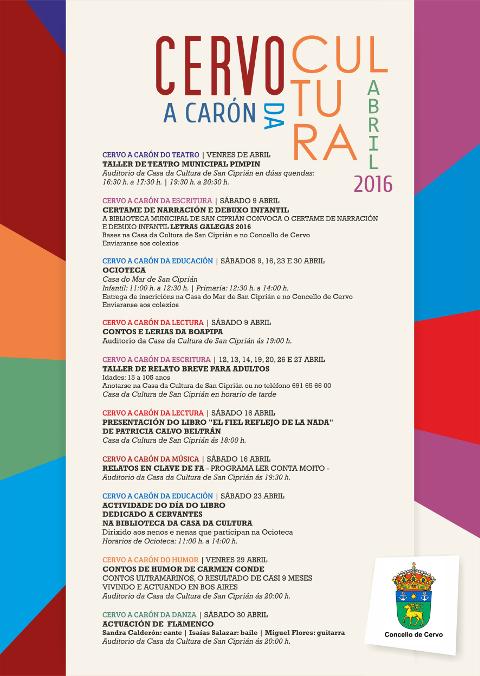 A Delegación de Cultura de Cervo programa actividades de escritura, lectura, música, baile e humor para este mes de abril. 