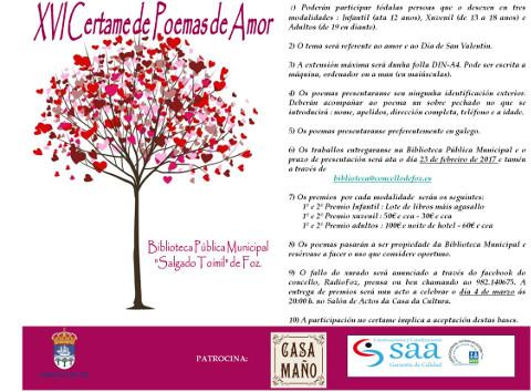 A biblioteca municipal de Foz convoca o XVI Certame de Poemas de Amor con motivo de San Valentín. O prazo para presentar os traballos está aberto ata o 23 de febreiro.