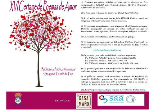 A biblioteca municipal de Foz convoca o XVI Certame de Poemas de Amor con motivo de San Valentín. O prazo para presentar os traballos está aberto ata o 23 de febreiro. 