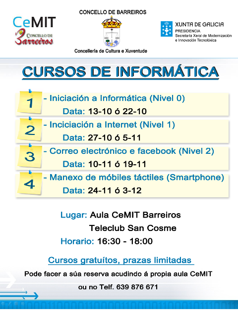 A Aula CeMIT de Barreiros oferta catro cursos de inclusión tecnolóxica a partir do 13 de outubro.