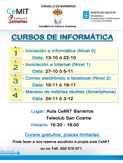 A Aula CeMIT de Barreiros oferta catro cursos de inclusión tecnolóxica a partir do 13 de outubro. 