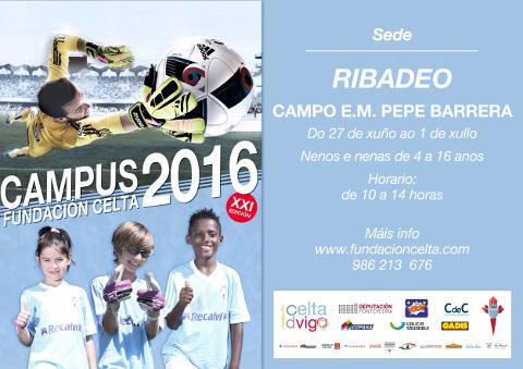 O campo de fútbol municipal Pepe Barrera, de Ribadeo, acollerá o XXI Campus da Fundación Celta para nenos e nenas de 4 a 16 anos. Será do 27 de xuño ao 1 de xullo. 