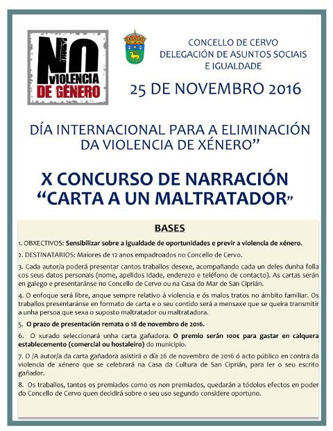 O Concello de Cervo convoca o X Concurso de Narración "Carta a un maltratador" con motivo do día para a eliminación da violencia de xénero. 