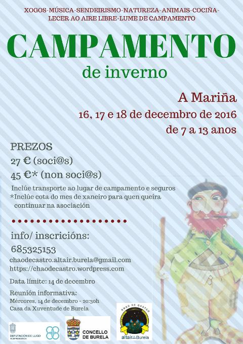 Do 16 ao 18 de decembro terá lugar o campamento de inverno que organiza Chao de Castro Altair, de Burela. A inscrición está aberta ata o día 14.
