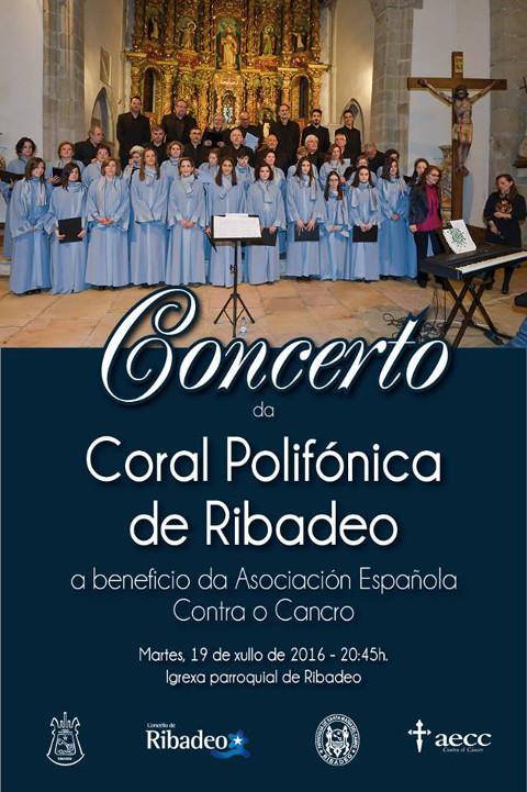 A Coral Polifónica de Ribadeo ofrecerá o seu concerto de verán este martes, 19 de xullo, na igrexa parroquial. Será a beneficio da Asociación de Loita contra o Cancro. 