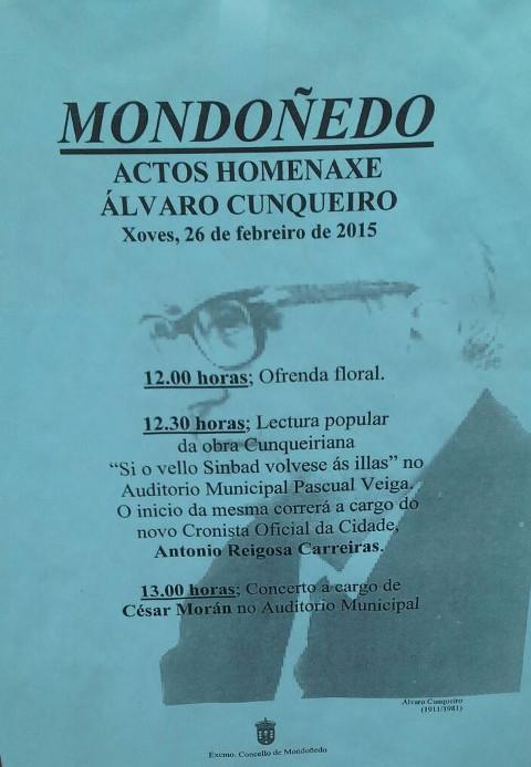 Mondoñedo acollerá varios actos de homenaxe a Álvaro Cunqueiro este xoves, 26 de febreiro. Está organizados polo Concello.