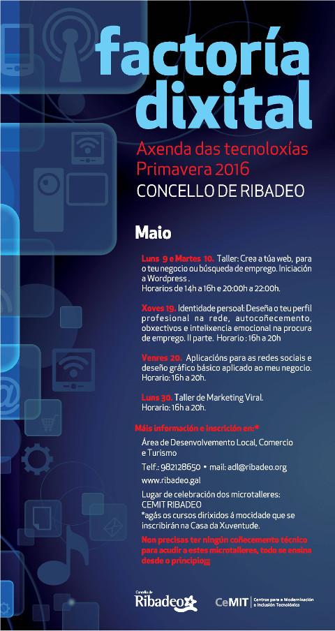 O 9 de maio darán comezo os novos micro talleres da Axenda das Tecnoloxías de Primavera do Concello de Ribadeo. En abril foron 56 as persoas que participaron nos obradoiros impartidos. 