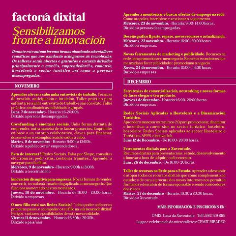 O 7 de novembro arrinca en Ribadeo a segunda fase da Factoría Dixital, que organizan as Concellarías de Desenvolvemento Local e Novas Tecnoloxías.