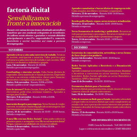 O 7 de novembro arrinca en Ribadeo a segunda fase da Factoría Dixital, que organizan as Concellarías de Desenvolvemento Local e Novas Tecnoloxías. 