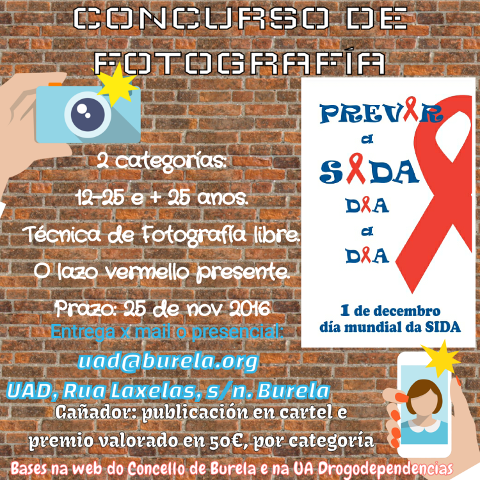 A Unidade de Drogodependencias de Burela mantén aberto ata o 25 de novembro o prazo para participar no I Concurso de Fotografía, convocado para conmemorar o Día Mundial da Sida. 