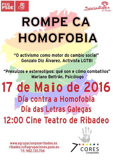 Ribadeo acollerá dúas conferencias o 17 de maio para celebrar o día internacional contra a homofobia, a transfobia e a bifobia. 