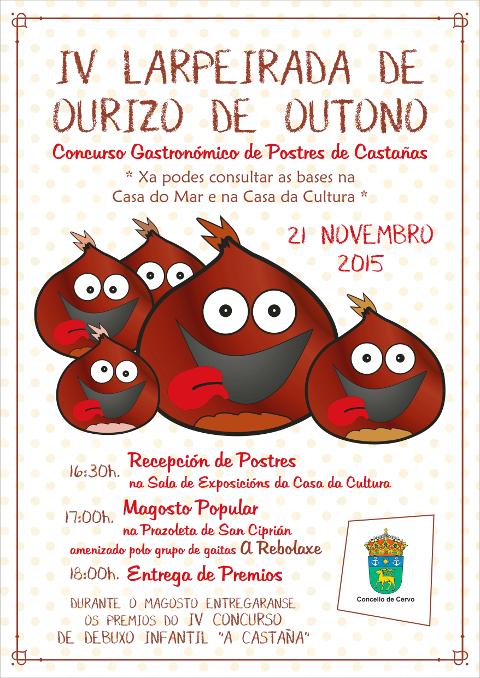 O Concello de Cervo organiza a 4ª Larpeirada de ourizo de outono o 21 de novembro. Haberá magosto, concursos de postres e de debuxo infantil. 