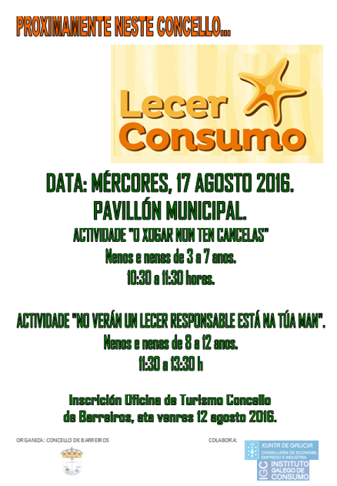 Ata o 12 de agosto está aberta a inscrición en Barreiros para participar na campaña "Lecer consumo", destinada a fomentar un consumo responsable entre os máis novos, a través de actividades lúdicas. 