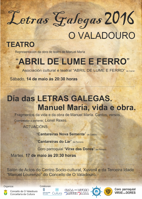 O Valadouro acollerá varios actos de homenaxe a Manuel María os días 14 e 17 de maio.