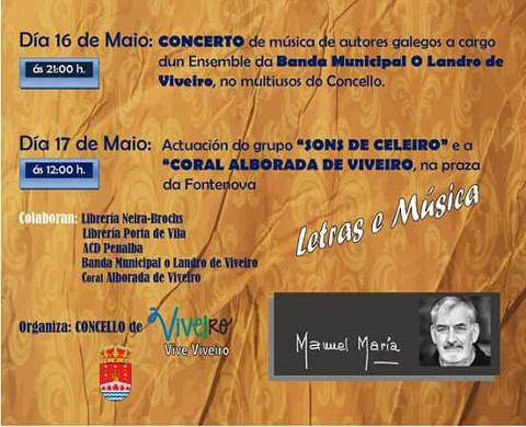 En Viveiro o 16 de maio haberá concerto de música de autores galegos con motivo da celebración das Letras Galegas. 