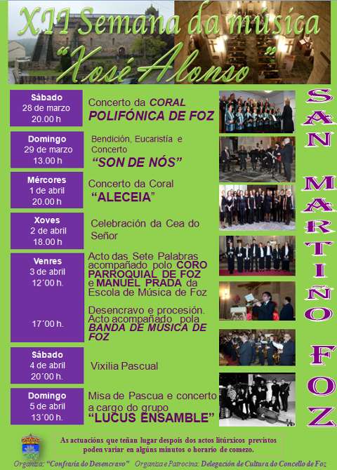 A XII Semana de Música Xosé Alonso celebrarase na basílica de San Martiño, en Foz, do 28 de marzo ao 5 de abril.