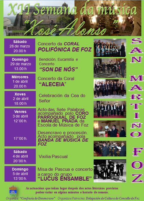 A XII Semana de Música Xosé Alonso celebrarase na basílica de San Martiño, en Foz, do 28 de marzo ao 5 de abril. 