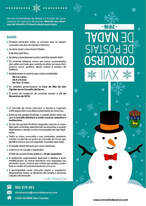 O Concello de Cervo organiza o XVII Concurso de Postais de Nadal para alumn@s de infantil e de primaria do municipio. 