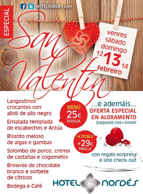 Gastronomía y ofertas en alojamiento para celebrar San Valentín, del 12 al 14 de febrero, en el hotel Nordés, en Burela. 