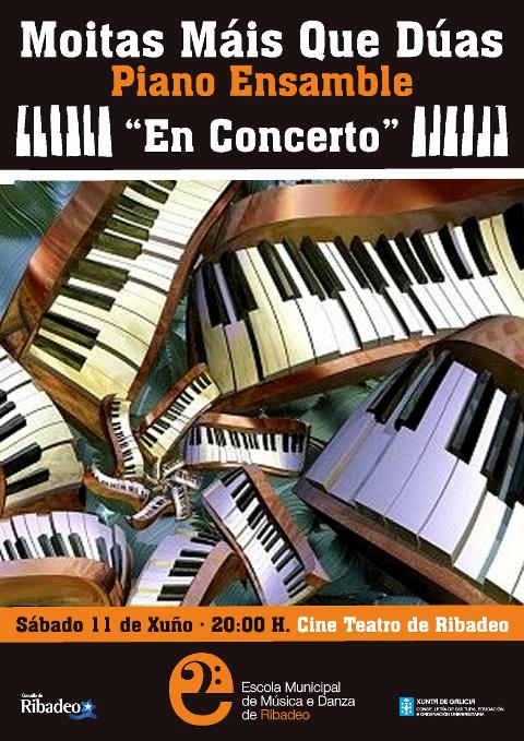 Concerto de piano este sábado, 11 de xuño, no Cine Teatro ribadense a cargo de "Moitas máis que dúas Piano Ensamble". 