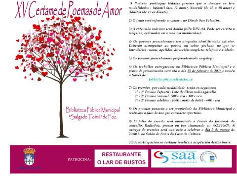 A Biblioteca Municipal de Foz convoca o XV Certame de Poemas de Amor. O prazo para entregar os traballos remata o 25 de febreiro. 