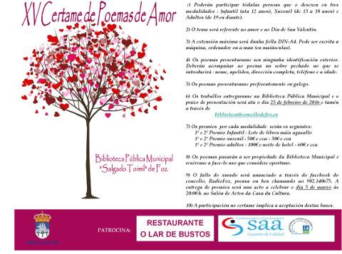 A Biblioteca Municipal de Foz convoca o XV Certame de Poemas de Amor. O prazo para entregar os traballos remata o 25 de febreiro. 