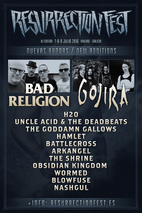 Trece bandas más se unen al cartel del Resurrection Fest 2016, que se celebrará en julio en Viveiro. Bad Religion, Gojira o H2O son algunas de las que estarán presentes en la décimo primera edición del festival. 