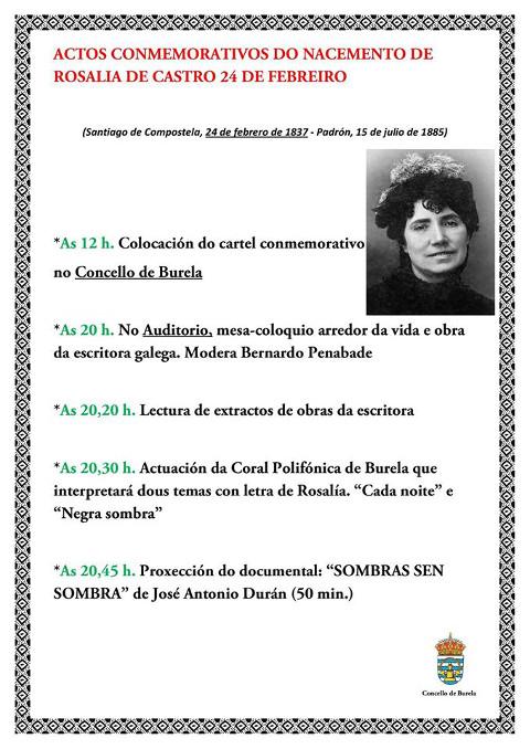 O Concello de Burela homenaxeará a Rosalía de Castro o 24 de febreiro cunha charla, coa interpretación de dúas pezas musicais e coa proxección dun documental.