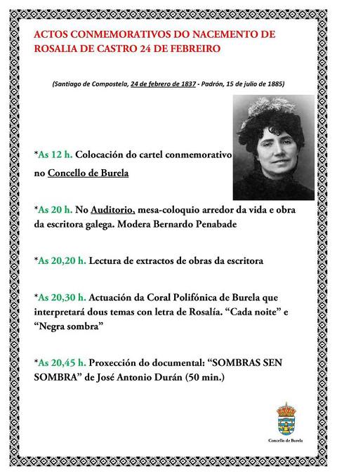 O Concello de Burela homenaxeará a Rosalía de Castro o 24 de febreiro cunha charla, coa interpretación de dúas pezas musicais e coa proxección dun documental. 