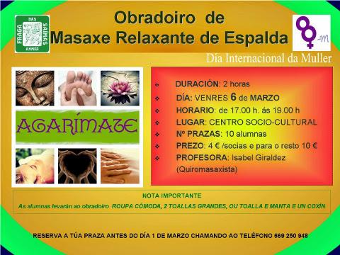 Fraga das Saímas abre o prazo de inscrición para anotarse no obradoiro de masaxe relaxante e na maratón de tute de igualdade, que terán lugar os días 6 e 7 de marzo.