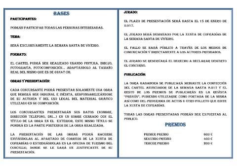 Convocado el IX Concurso de Carteles de Semana Santa, en Viveiro. El plazo de presentación de trabajos está abierto hasta el 15 de enero. 