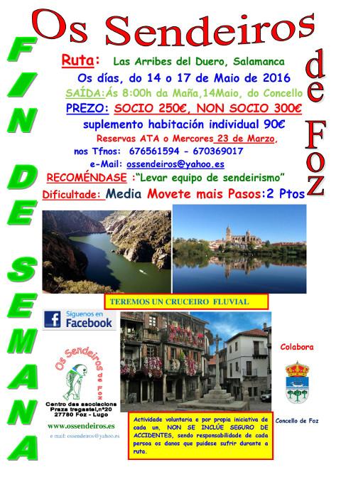 Os Sendeiros de Foz organiza unha viaxe a Las Arribes del Duero, en Salamanca, do 14 ao 18 de maio. 