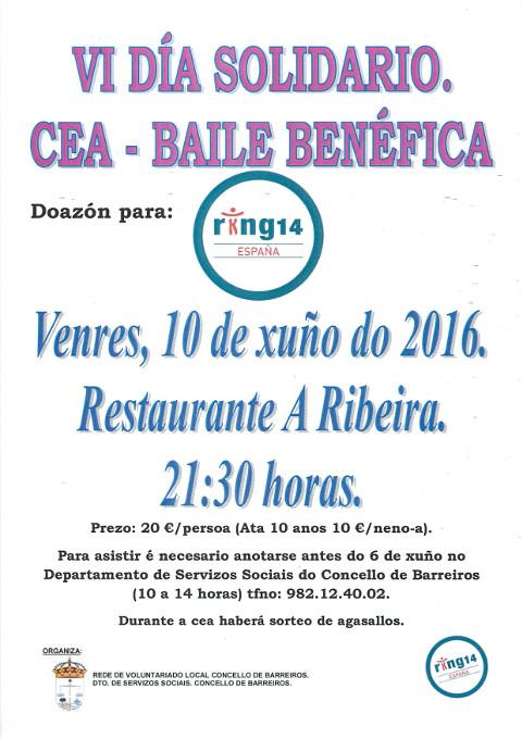 Barreiros celebra o VI Día Solidario o 10 de xuño cunha cea baile benéfica a favor da asociación Ring 14. 