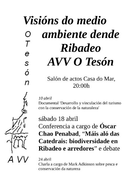 O biólogo Óscar Chao pronunciará este sábado, 18 de abril, en Ribadeo a charla "Máis aló das Catedrais: biodiversidade en Ribadeo e arredores". O acto está organizado por O Tesón. 
