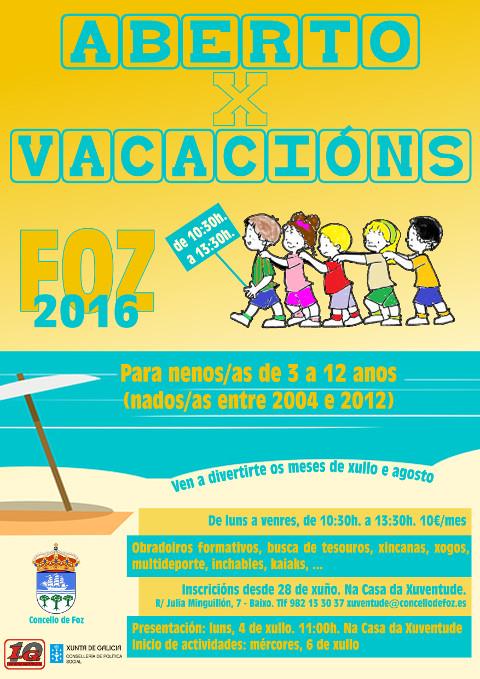 O Concello de Foz organiza o programa "Aberto por vacacións" para nen@s de 3 a 12 anos. As actividades comezarán o 6 de xullo. 