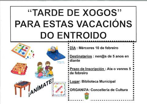En Lourenzá a Concellería de Cultura organiza unha tarde de xogos para nen@s a partir de 5 anos. Será o 10 de febreiro.