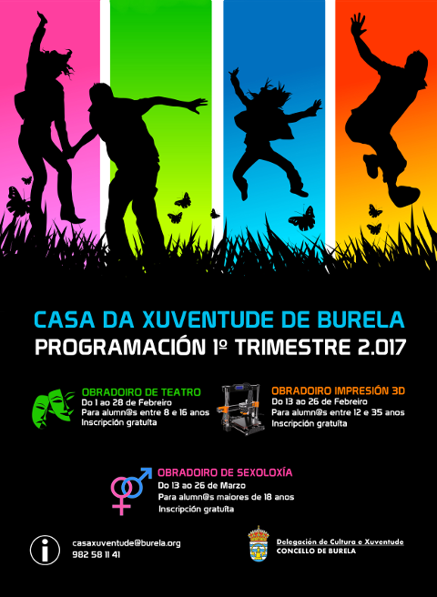Na Casa da Xuventude de Burela impartiranse en febreiro e marzo tres obradoiros: teatro, impresión en 3D e sexoloxía. A inscrición está aberta. 