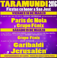 Fiestas en honor a San José los días 18 y 19 de marzo en Taramundi. Habrá carpa y pista de baile asfaltada.